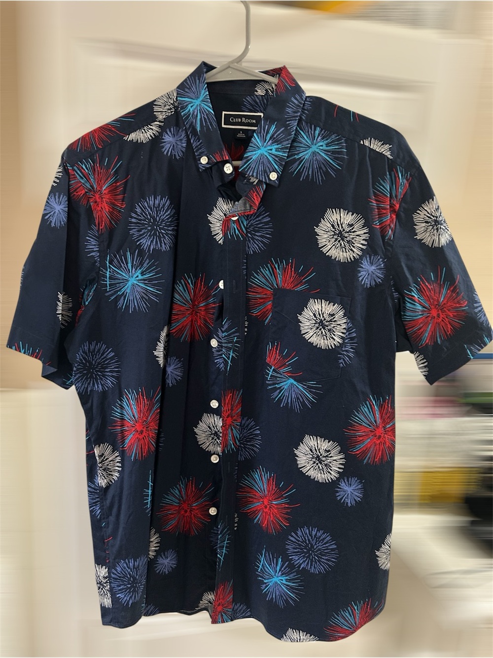 Club Room Navy Short-Sleeve Firework Print Shirt - Red, Blue, White
